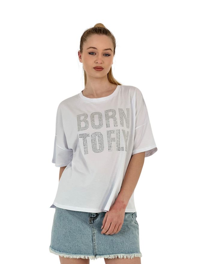 MISS POEM Akmenimis Išsiuvinėti “born To Fly” Oversize Marškinėliai — Balta Ir Pilka Didmeninė prekyba drabužiais Kokteilinė