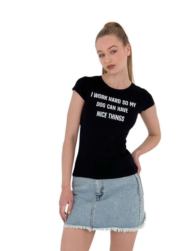 MISS POEM T shirt Noir Slim À Manches Courtes Et Imprimé De Lettres D'été Vêtements en gros Décontracté