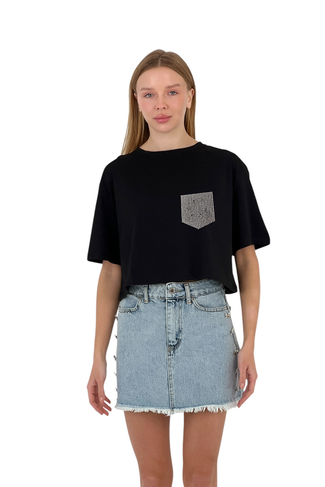 MISS POEM Crop T Shirt Mit Steindetail Und Tasche Großhandelskleidung Lässig