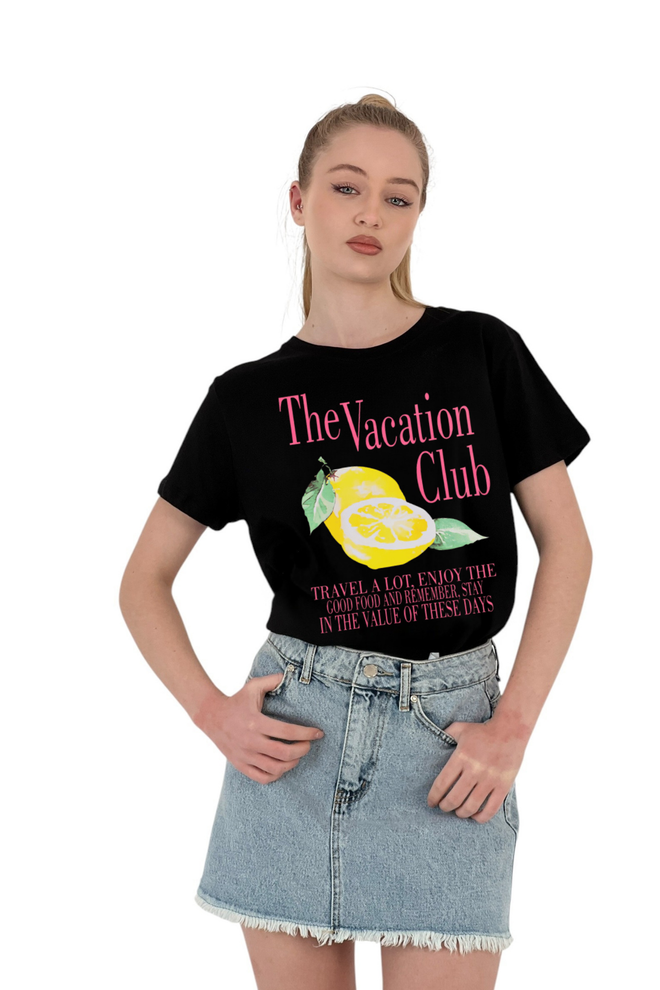 MISS POEM T shirt Nera Stampata The Vacation Club Abbigliamento all'ingrosso Casuale
