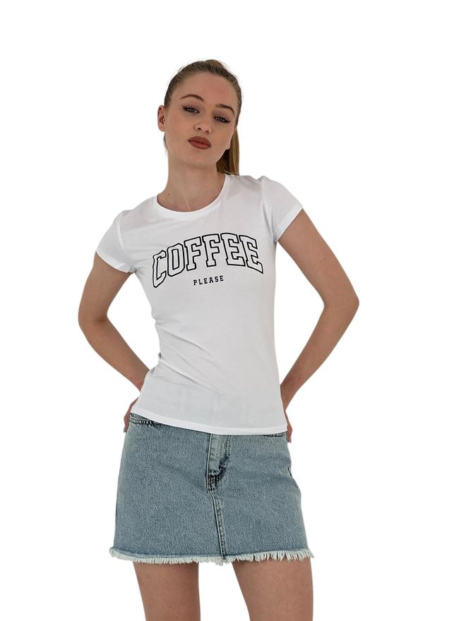 MISS POEM Weißes Kurzarm T Shirt Mit Sommer Kaffeedruck Großhandelskleidung Lässig