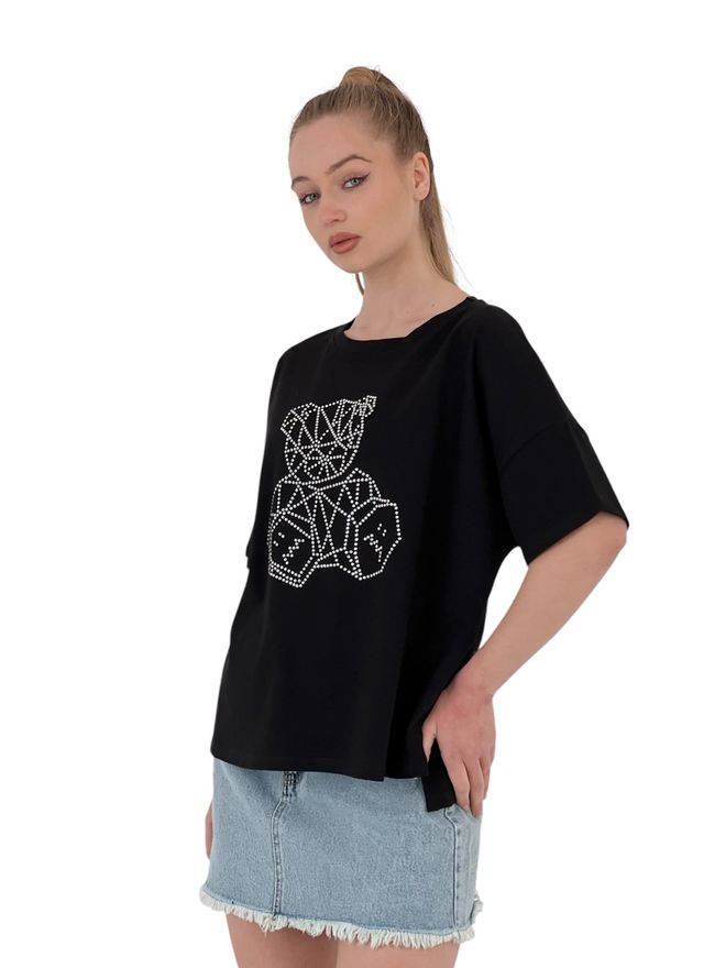 MISS POEM T shirt Noir Ample À Manches Courtes Imprimé Teddy Bear Stone Vêtements en gros Décontracté
