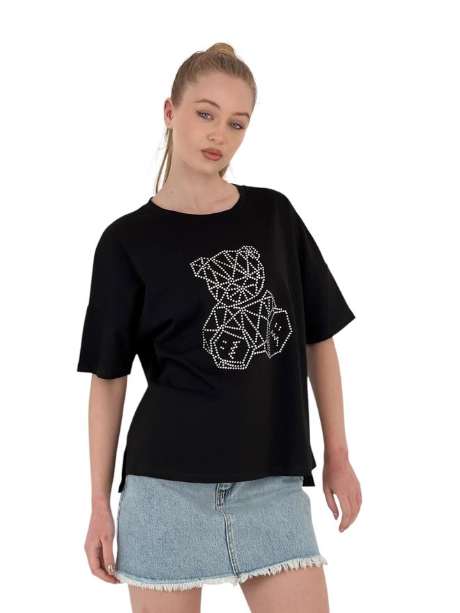 MISS POEM Camiseta Geométrica De Ursinho De Pelúcia Com Bordado De Pedra — Preto E Branco Roupas por atacado Casual
