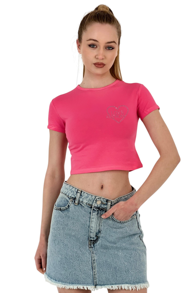 MISS POEM T shirt Court « Love Fashion » Brodé De Pierres — Rose Et Blanc Vêtements en gros Décontracté