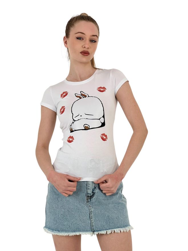 MISS POEM Kurzärmliges Schwarzes Skinny T Shirt Mit Kaninchenmuster Großhandelskleidung Lässig