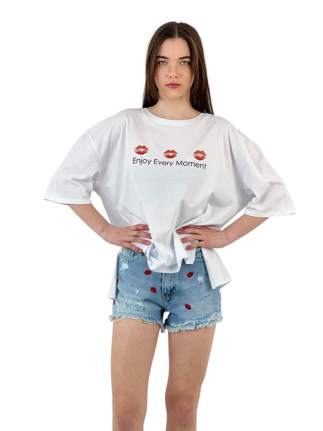 MISS POEM Every Moment” Lip Printed White Oversize T Shirt Wholesale Clothing Birthday