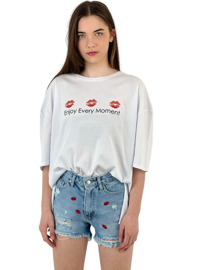 MISS POEM Every Moment” Lip Printed White Oversize T Shirt Wholesale Clothing Work