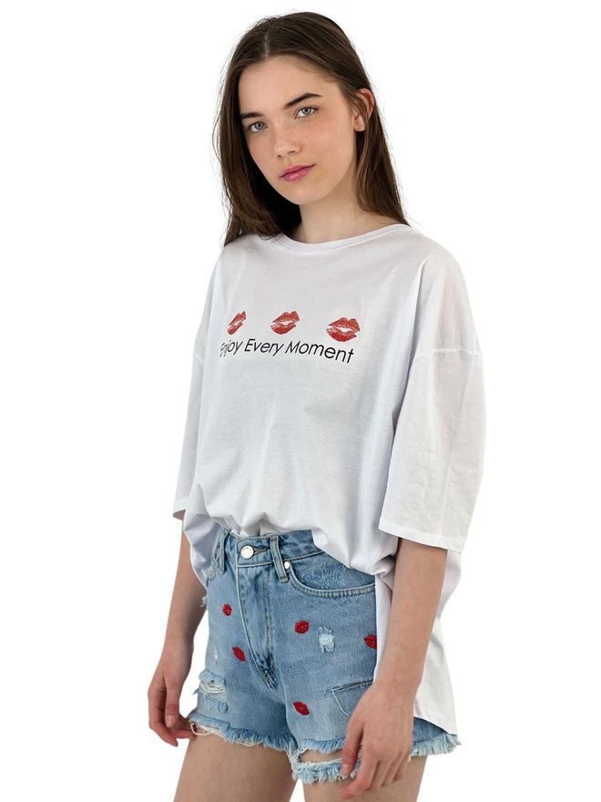 MISS POEM Every Moment” Lip Printed White Oversize T Shirt Wholesale Clothing Summer
