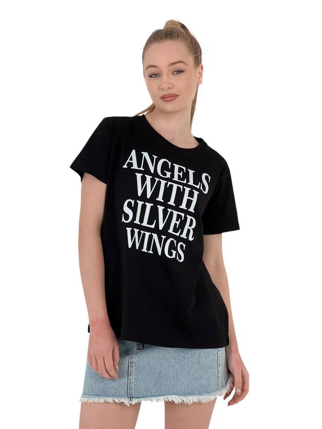 MISS POEM Met Zwart T shirt Met Zilverkleurige Vleugels Groothandel Kleding Casual