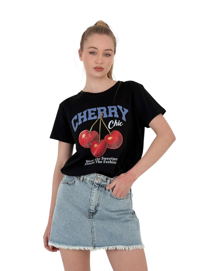 MISS POEM Camiseta Grande Preta Estampada Chique Roupas por atacado Casual