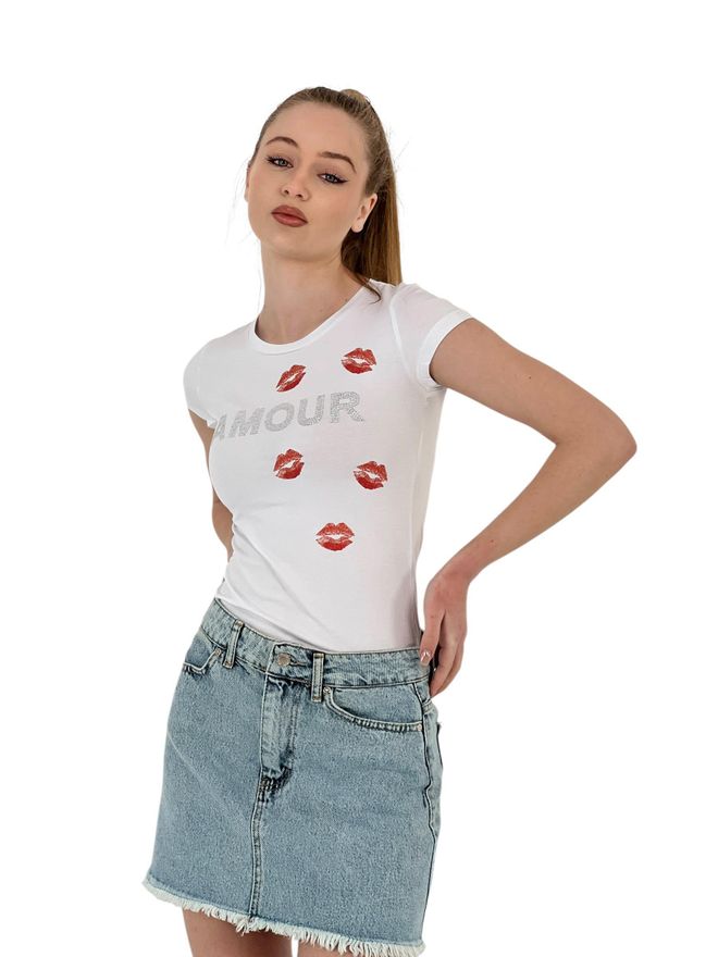 MISS POEM Short Sleeve Skinny White T Shirt With Kissing Stones Wholesale Clothing Casual