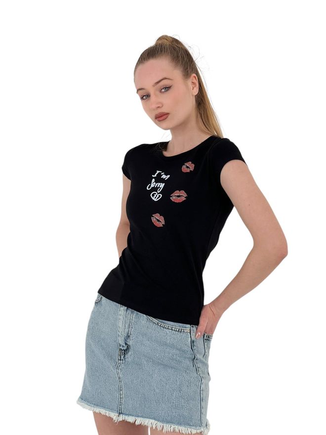 MISS POEM T shirt Bianca Skinny A Maniche Corte Con Stampa Kiss Abbigliamento all'ingrosso Casuale