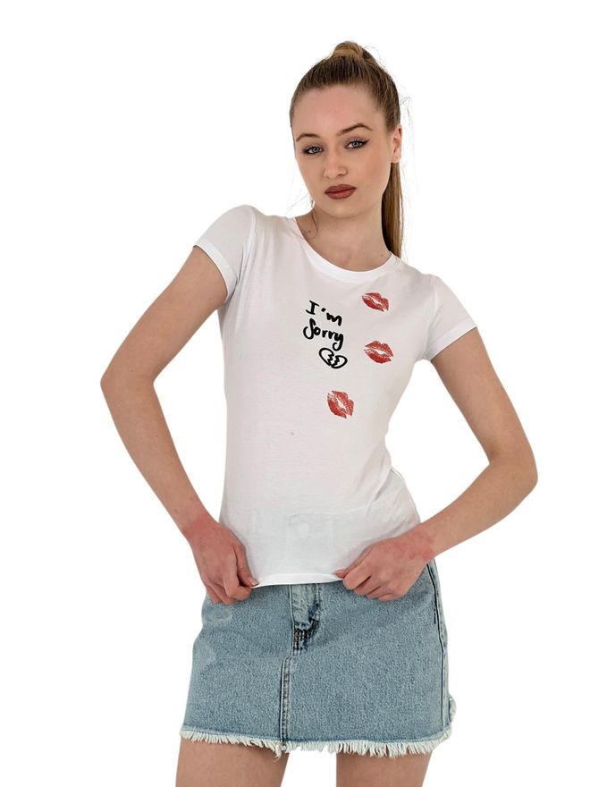 MISS POEM T shirt Bianca Skinny A Maniche Corte Con Stampa Kiss Abbigliamento all'ingrosso Casuale