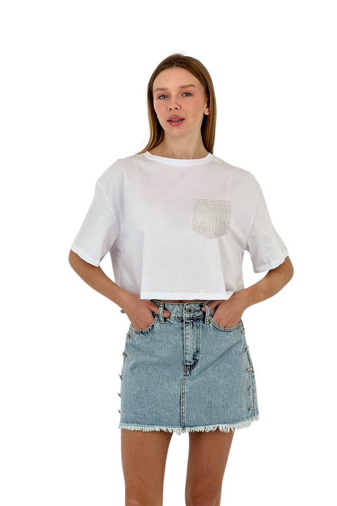 MISS POEM T shirt Court À Poche Orné De Pierres Vêtements en gros Décontracté