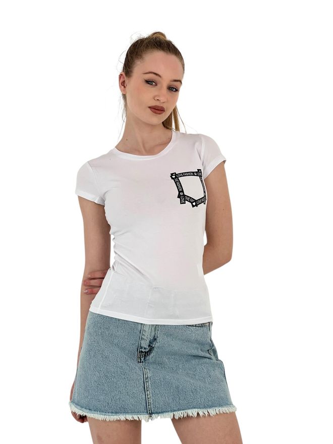MISS POEM T shirt Nera Skinny A Maniche Corte Stampata Estiva Abbigliamento all'ingrosso Casuale