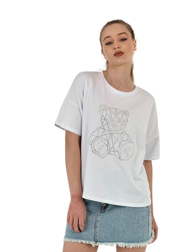 MISS POEM Geometrisches Teddybär T Shirt In Übergröße Mit Steinstickerei — Schwarz Weiß Großhandelskleidung Lässig
