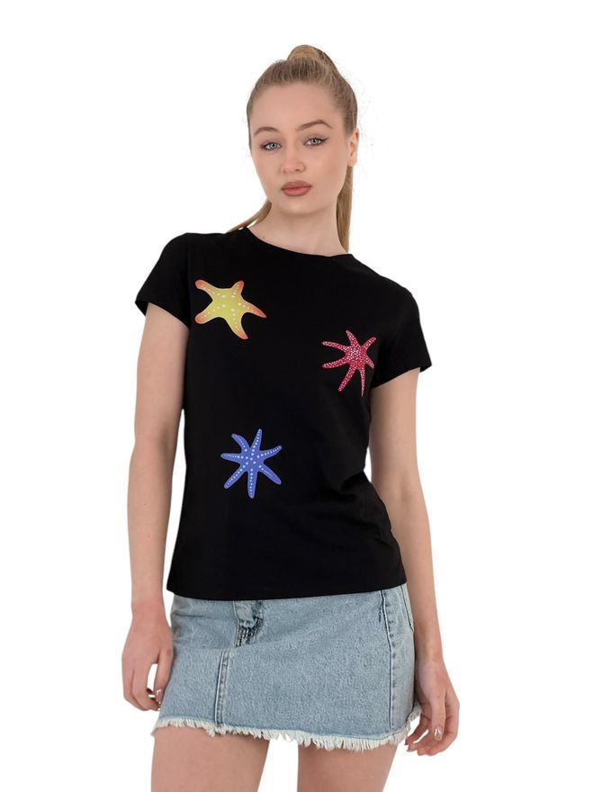 MISS POEM T shirt D'été Noir À Manches Courtes À Imprimé Étoile Vêtements en gros Décontracté