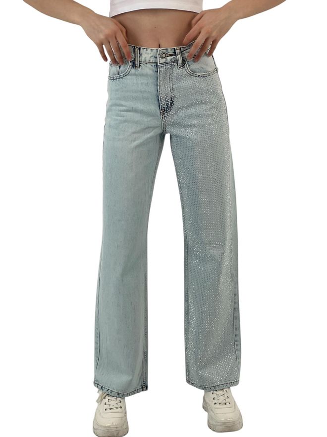 MISS POEM Denim À Jambe Blanche Bleu Glacé/bleu Glacé Une Jambe Pierre Or Vêtements en gros Décontracté