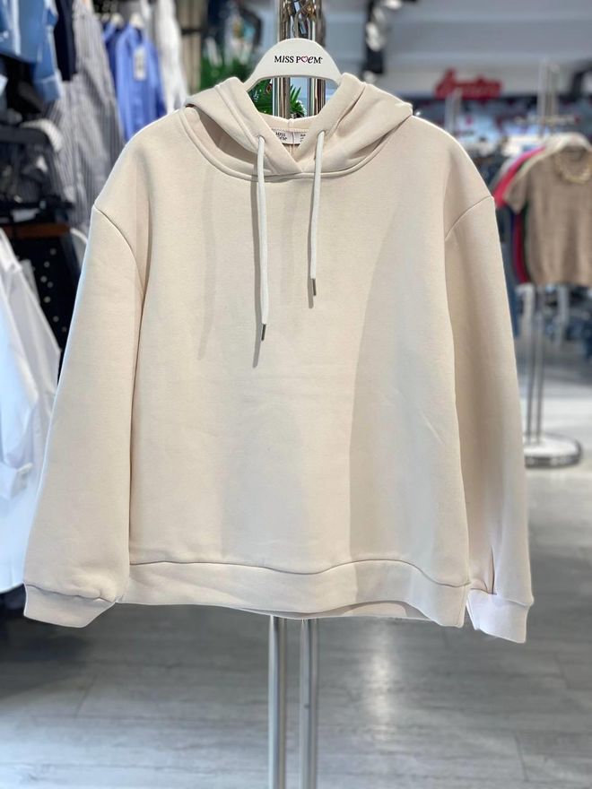 MISS POEM Bej Sweatshirt Bol Kalıp Kapüşonlu Uzun Kollu Toptan Giyim Gündelik