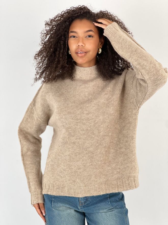 MISS POEM Beige Oversized Fit High Neck Sweater Wholesale Clothing Modest