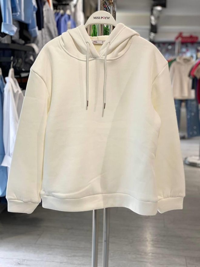 MISS POEM Beyaz Sweatshirt Bol Kalıp Kapüşonlu Gündelik Sokak Tarzı Toptan Giyim Gündelik