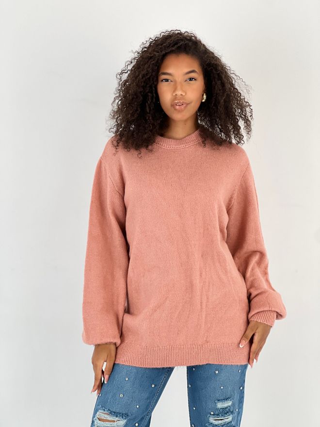 MISS POEM Pink Oversized Fit Sweater With Round Neck Wholesale Clothing Modest
