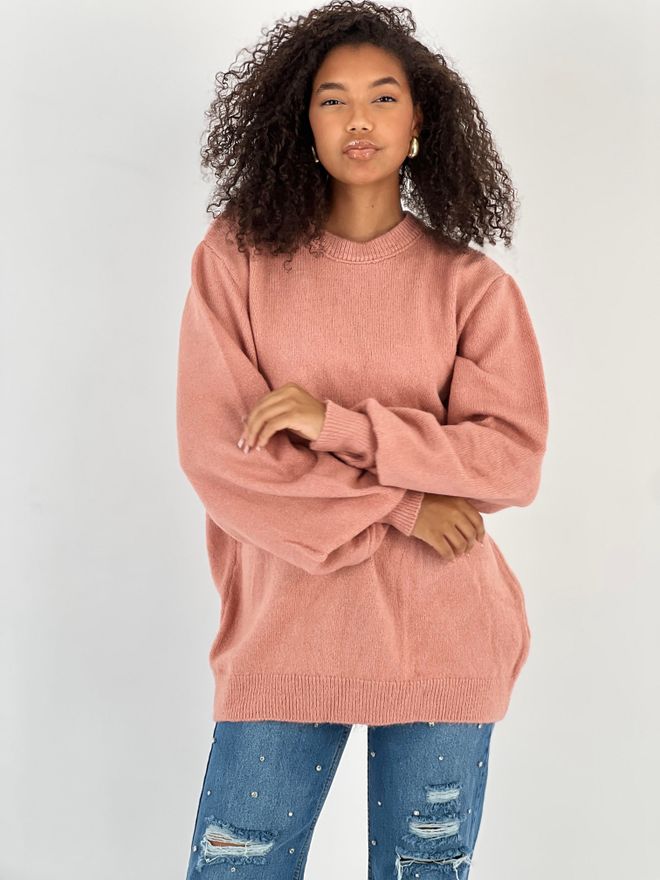 MISS POEM Pink Oversized Fit Sweater With Round Neck Wholesale Clothing 1