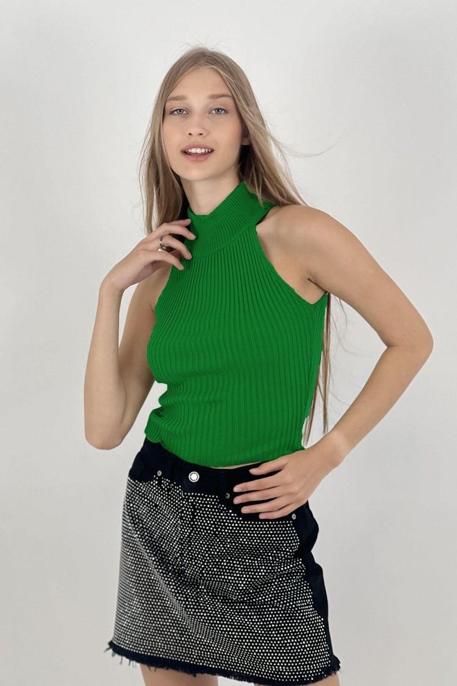 MISS POEM Green Slim Fit Sleeveless High Neck Sweater Wholesale Clothing Casual