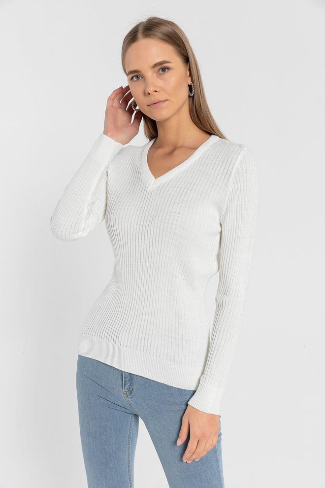 MISS POEM White Striped V Neck Slim Fit Sweater Wholesale Clothing Casual