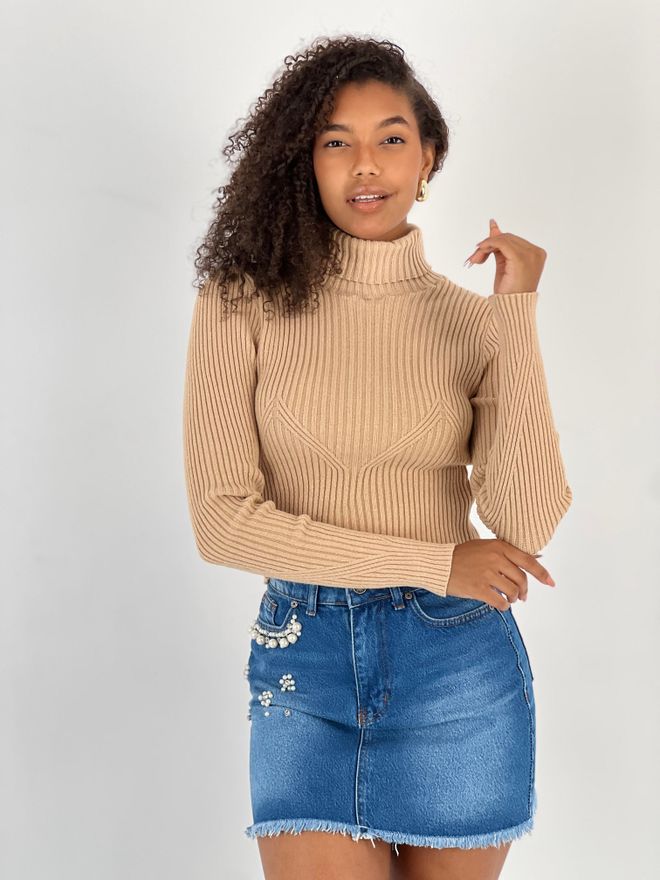 MISS POEM Beige Rollkragen Slim Fit Pullover Großhandelskleidung Lässig