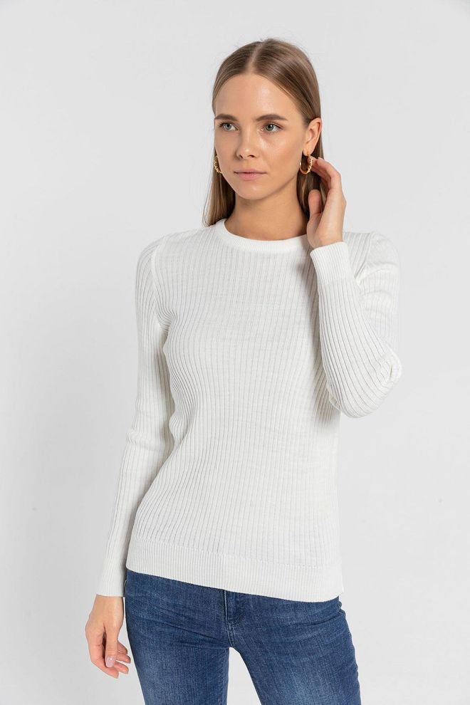 MISS POEM White Sweater With Slim Fit And Round Neck Wholesale Clothing Casual