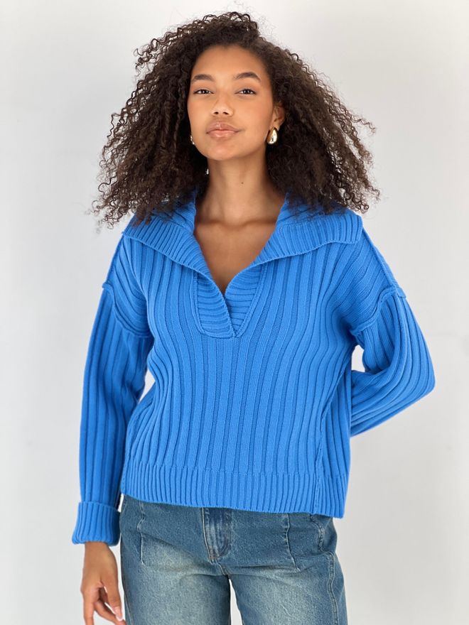 MISS POEM Blue Striped V Neck Sweater With Long Sleeves Wholesale Clothing Casual
