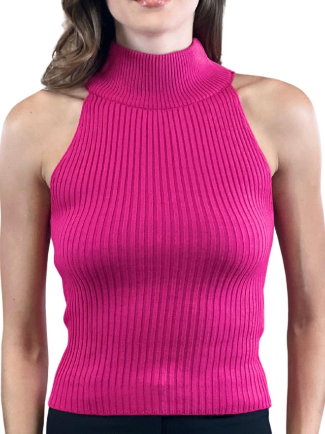 MISS POEM Fuchsia Sweater With Halter Neck And Cap Sleeves Wholesale Clothing Casual