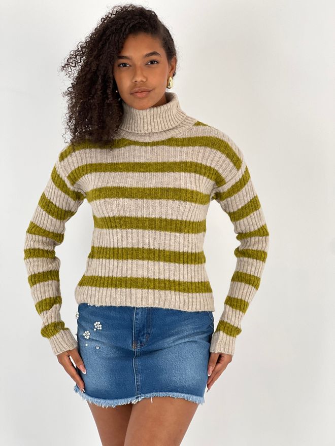 MISS POEM Maglione Beige A Righe Con Collo A Tartaruga Abbigliamento all'ingrosso Casuale