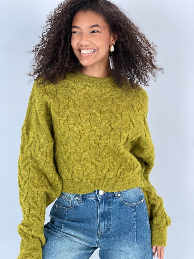 MISS POEM Groene Casual Trui Met Crew Hals En Lange Mouwen Groothandel Kleding Casual