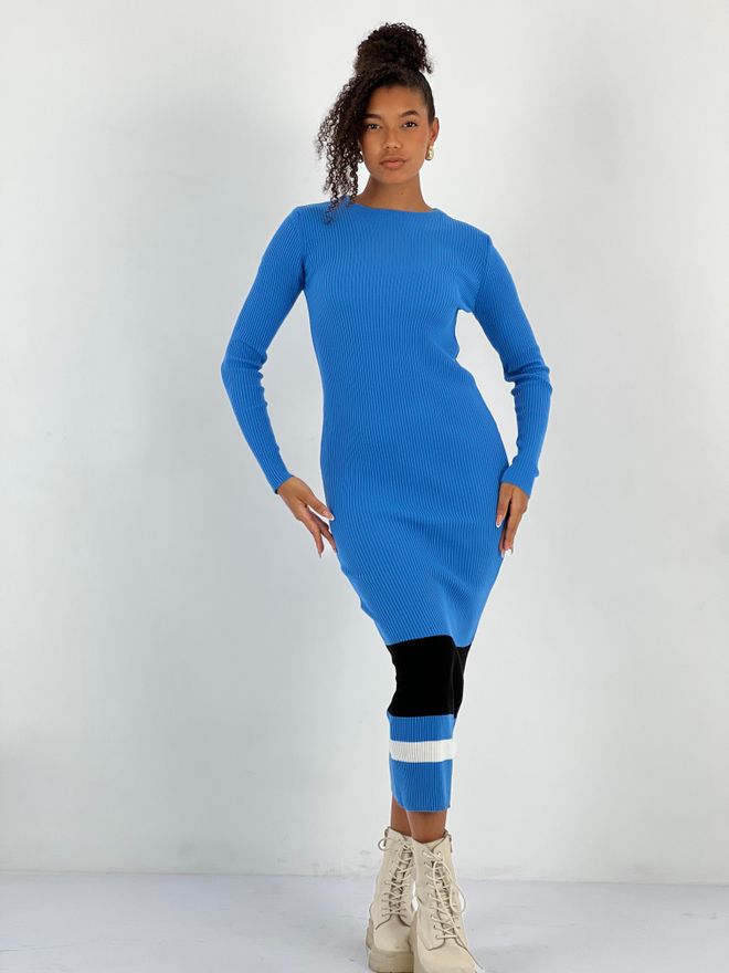 MISS POEM Blauwe Kokerjurk Met Lange Mouwen Groothandel Kleding Bescheiden