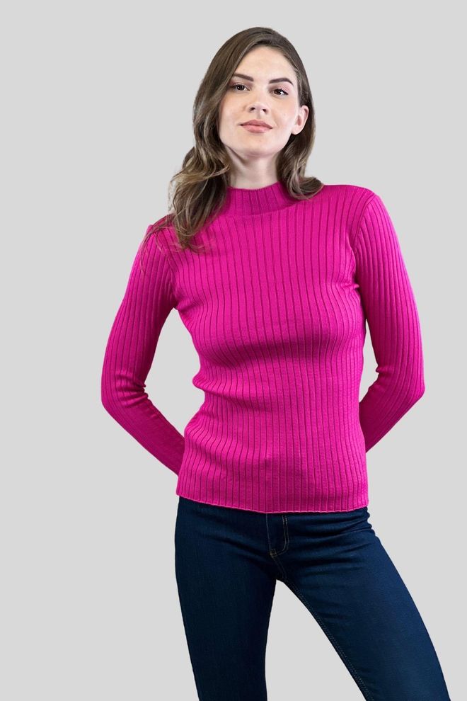 MISS POEM Fuchsia Sweater Slim Fit Striped High Neck Long Sleeve Wholesale Clothing Casual