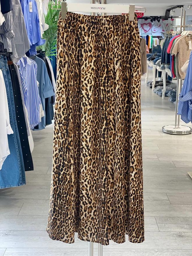 MISS POEM Gonna Midi Svasata Marrone Con Stampa Animalier E Tasca Inclinata Abbigliamento all'ingrosso Casuale