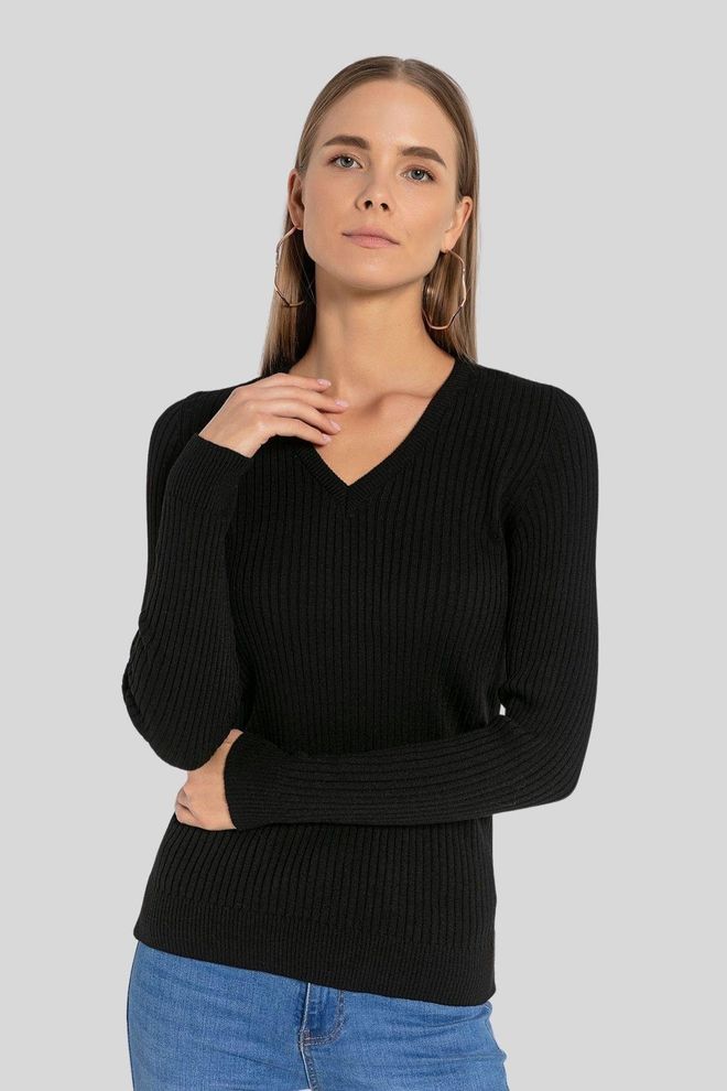 MISS POEM Μαύρο Πουλόβερ Στενή Γραμμή V Neck Μακρύ Μανίκι Χονδρικό εμπόριο ενδυμάτων Casual