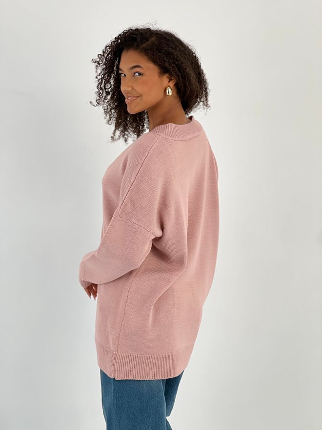 MISS POEM Pink Oversized Fit V Neck Sweater With Long Sleeves Wholesale Clothing 1