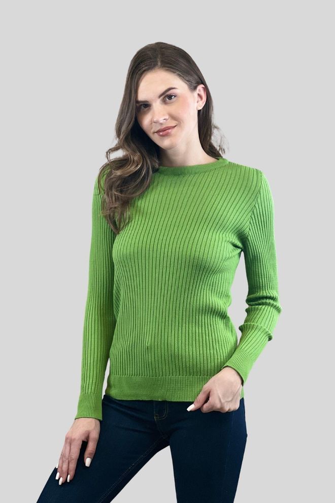 MISS POEM Green Striped Slim Fit Sweater With Round Neck Wholesale Clothing Casual