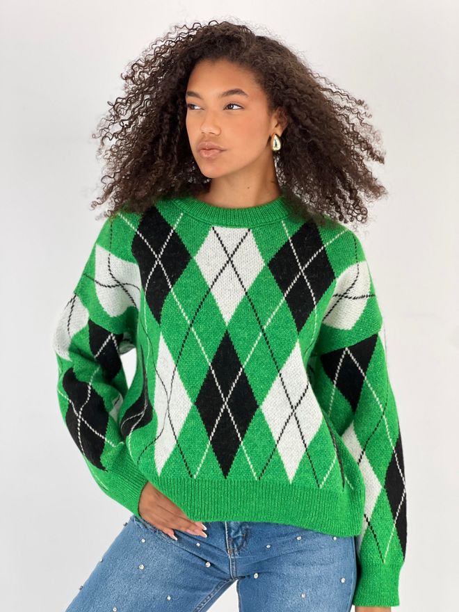 MISS POEM Pulover Verde Argyle Croială Supradimensionată Îmbrăcăminte cu ridicata Casual