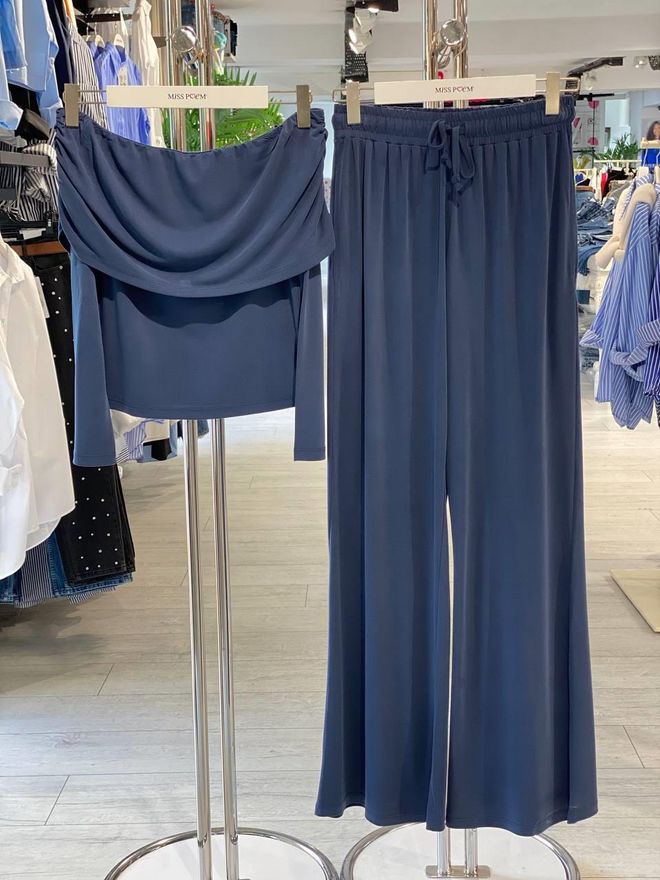 MISS POEM Blu Navy Set Pantaloni Palazzo Gamba Larga Abbigliamento all'ingrosso Casuale