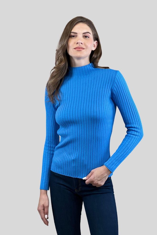 MISS POEM Blue Striped Slim Fit Sweater With High Neck Wholesale Clothing Casual