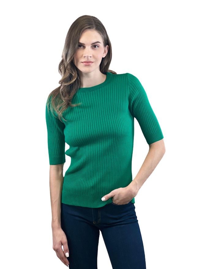 MISS POEM Green Striped Slim Fit Sweater With Half Sleeves Wholesale Clothing Casual