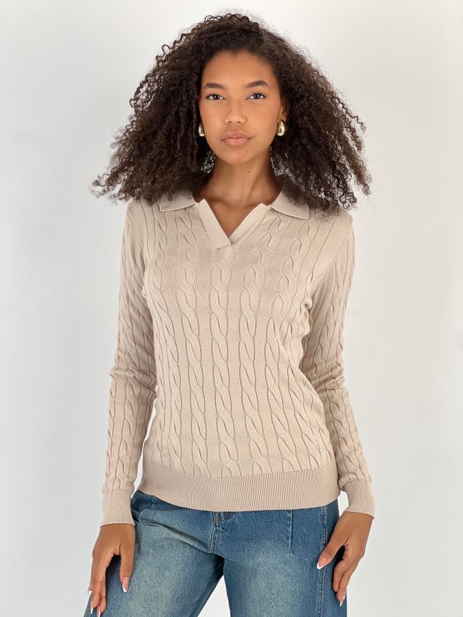MISS POEM Beiger Pullover Slim Fit Kariert Mit Langen Ärmeln Großhandelskleidung Lässig