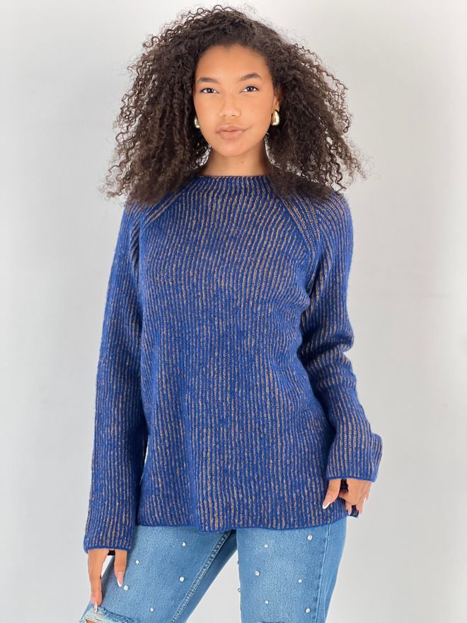 MISS POEM Blue Striped Raglan Sleeve Sweater Wholesale Clothing Casual