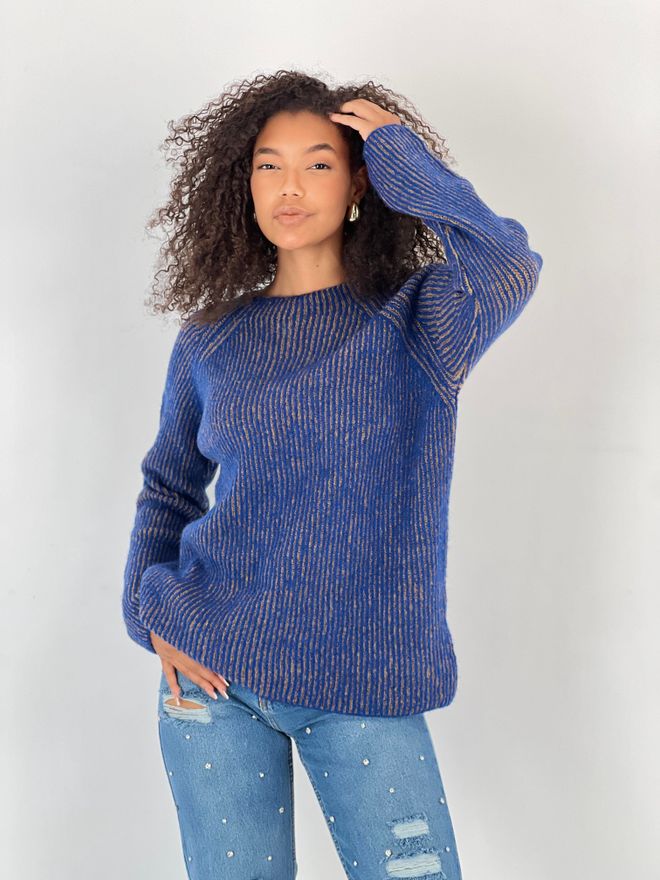 MISS POEM Blue Striped Raglan Sleeve Sweater Wholesale Clothing 1