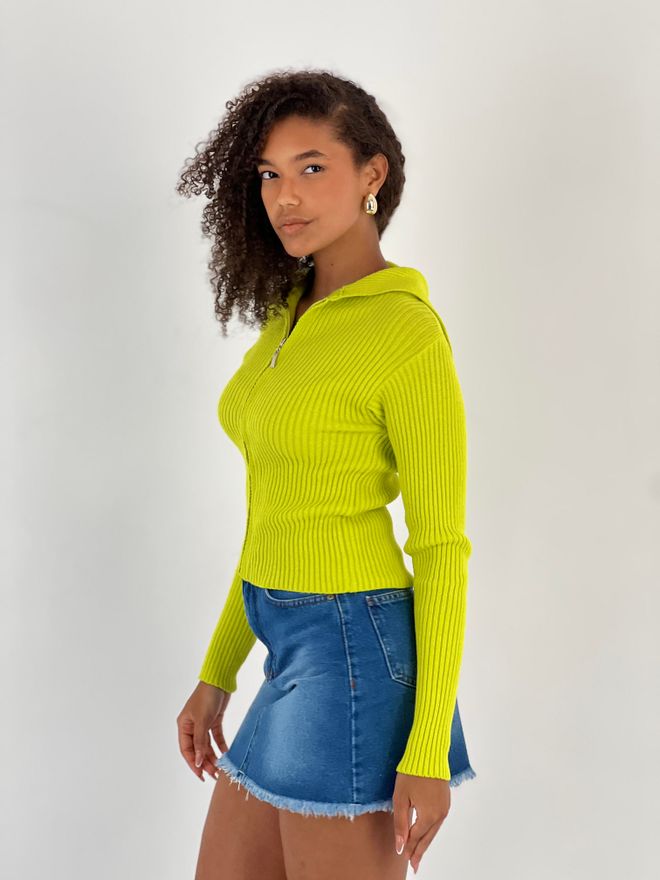 MISS POEM Green Slim Fit Hooded Neck Zip Up Cardigan Wholesale Clothing 1