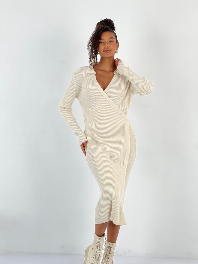 MISS POEM Beige Wrap Dress With Notched Neck And Long Sleeves Wholesale Clothing Modest